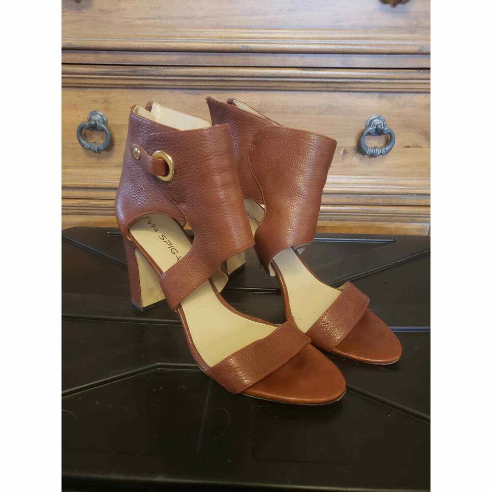 Via Spiga Cognac Leather Cutout Block Heel Sandals